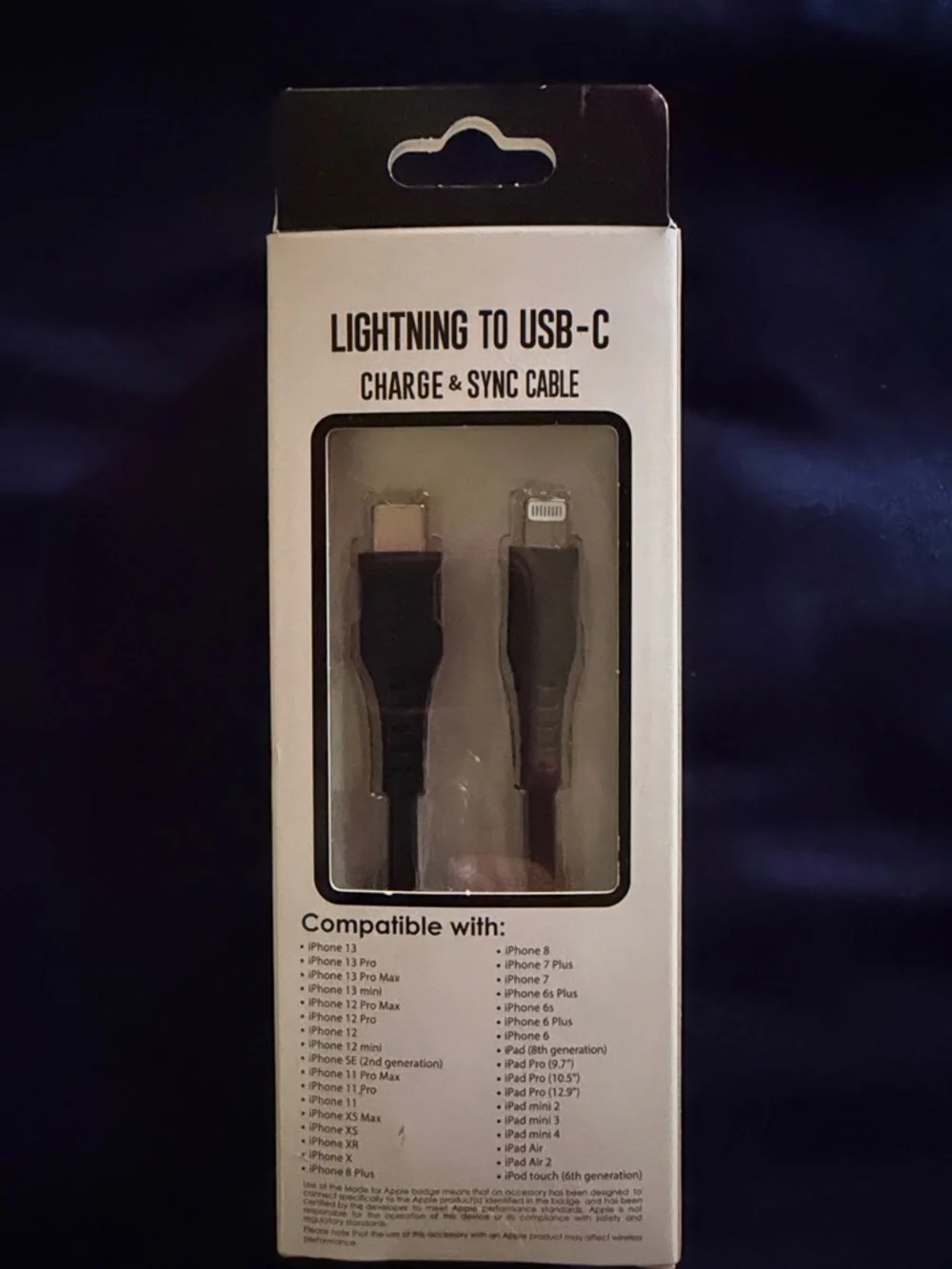 6 FT Lightning to USB-C Charge & Sync Cable - Black- new in box